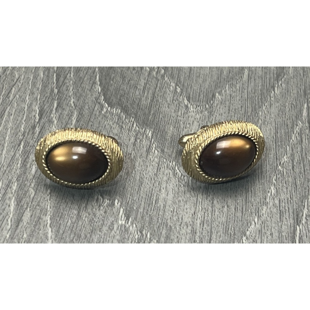 Vintage Swank Gold‎ Tone Brown Tiger Eye Cabochon Cufflinks Mens